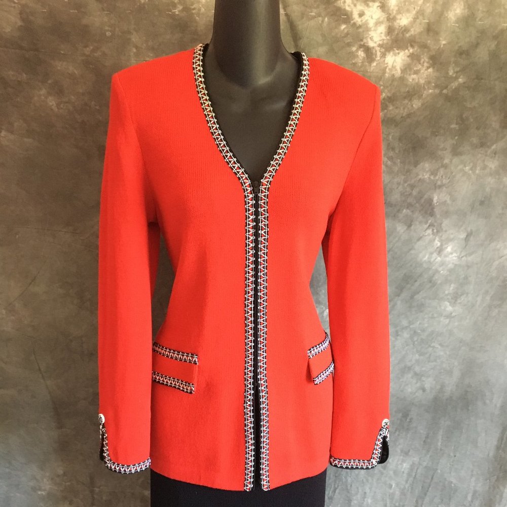 ST JOHN COLLECTION KNIT RED BLACK JACKET SIZE 2